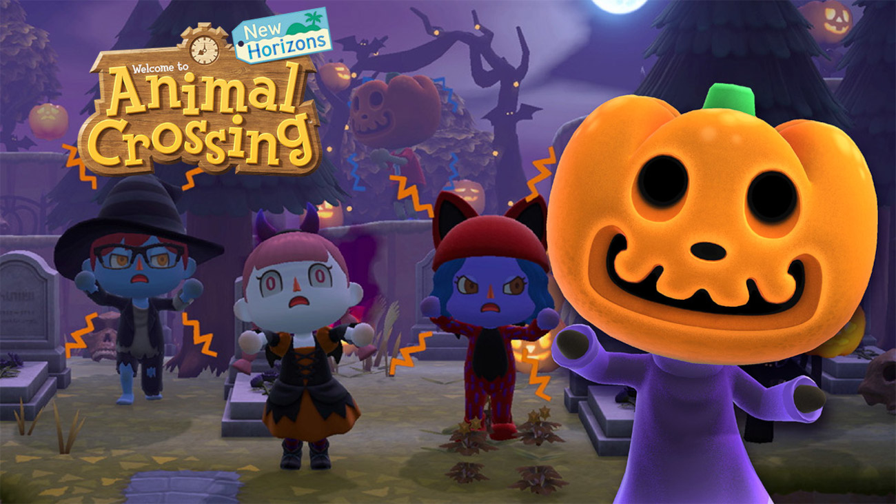 Screenshot from Animal Crossing New Horizons. Players are dressed up for the Halloween event.