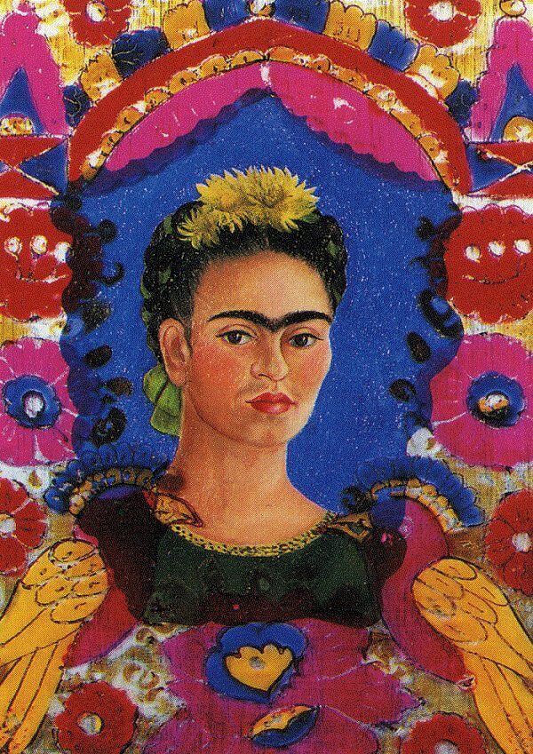 Frida Kahlo's work, 'The Frame', which is a self-portrait of the artist, a Hispanic woman with striking eyes and braided hair