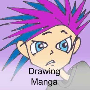Manga drawing of person with pink and blue hair