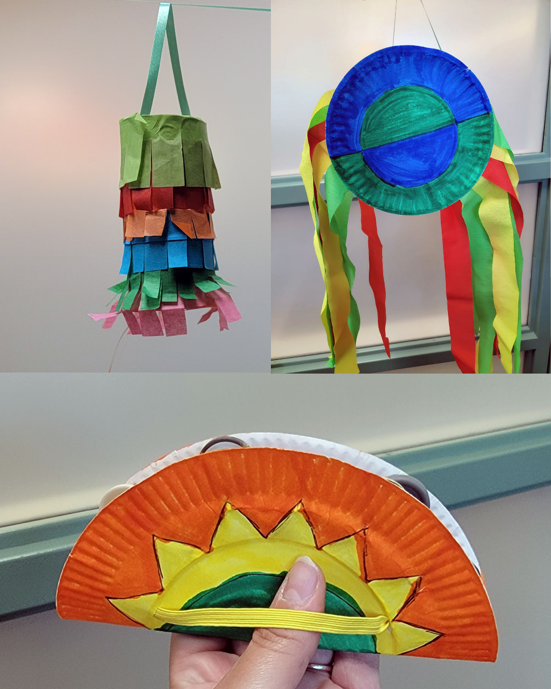 A collaged photo of a lantern-shaped pinata, a "kite" made from a paper plate and streamers, and a "castanet" made from a paper plate and buttons
