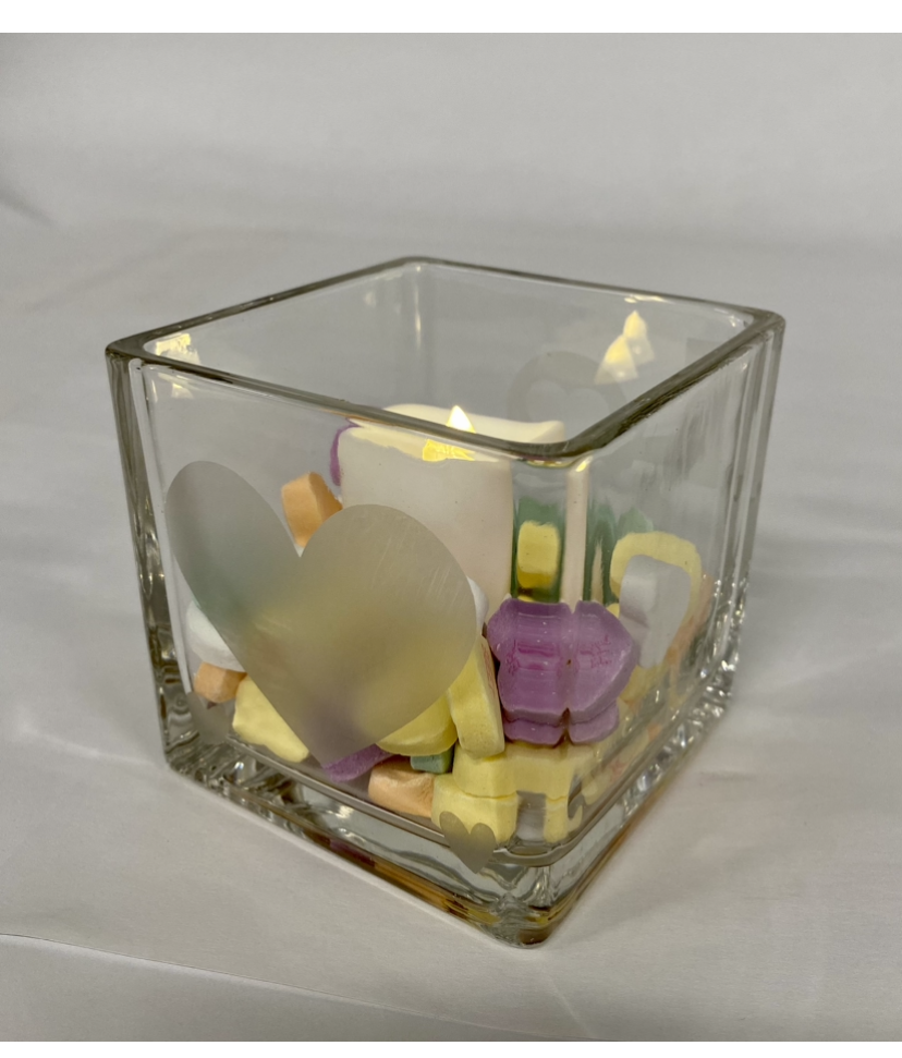 Glass votive with heart etching and candle