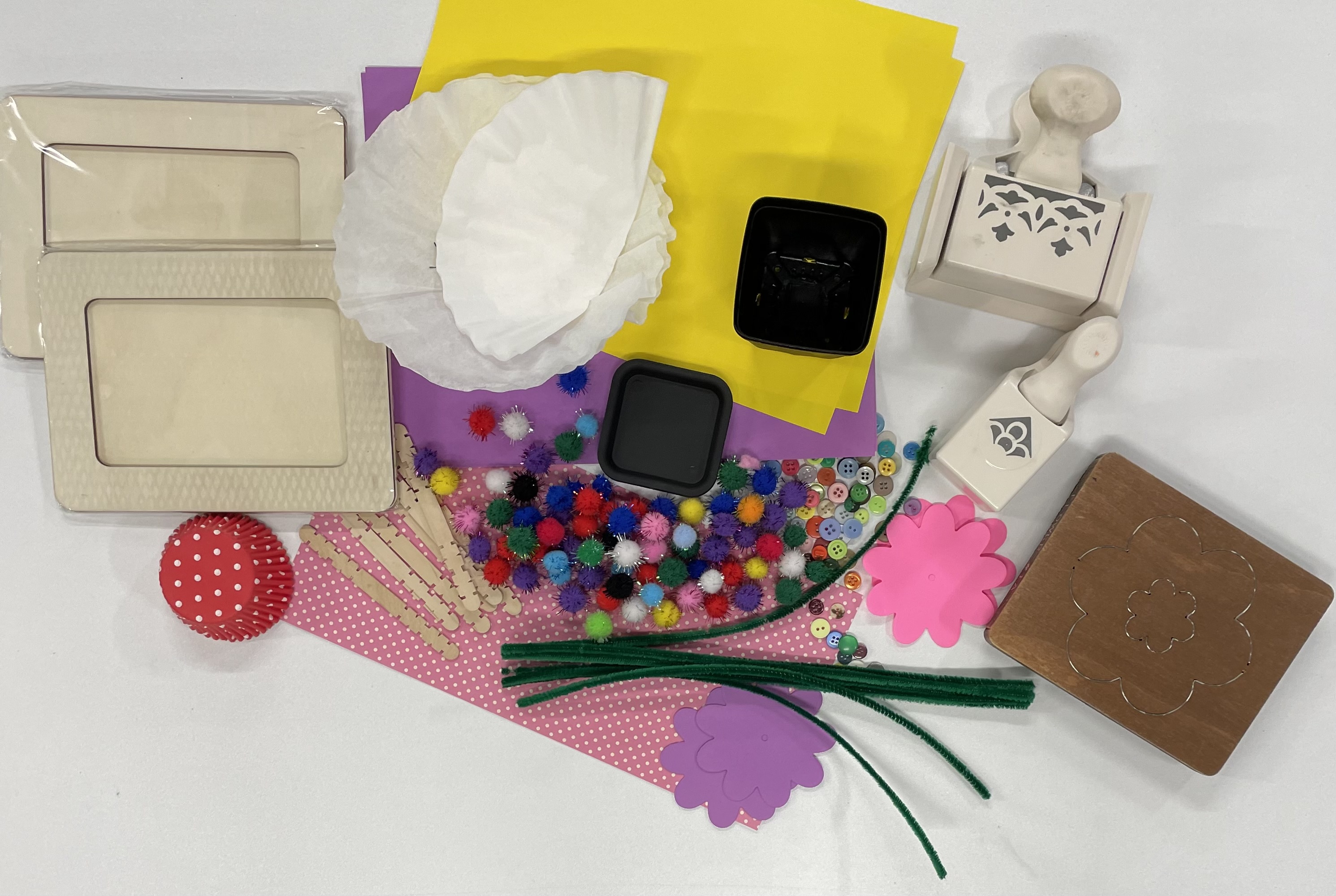 craft supplies - paper, pipe cleaners, pom poms, paper flowers, hole punches