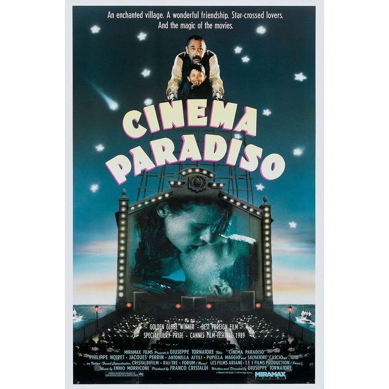 A young boy stands in front of an older man above the Cinema Paradiso tagline. Beneath them, a movie screen shows a black and white image of a couple kissing.