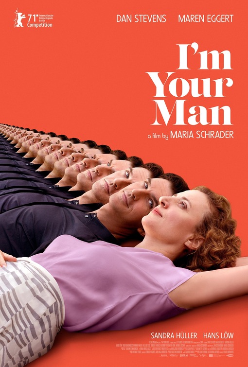 A woman in a purple shirt lies on her back looking at the sky, a man lies next to her and looks at her. Several copies of the man's image are repeated with the subsequent image looking away from the woman.