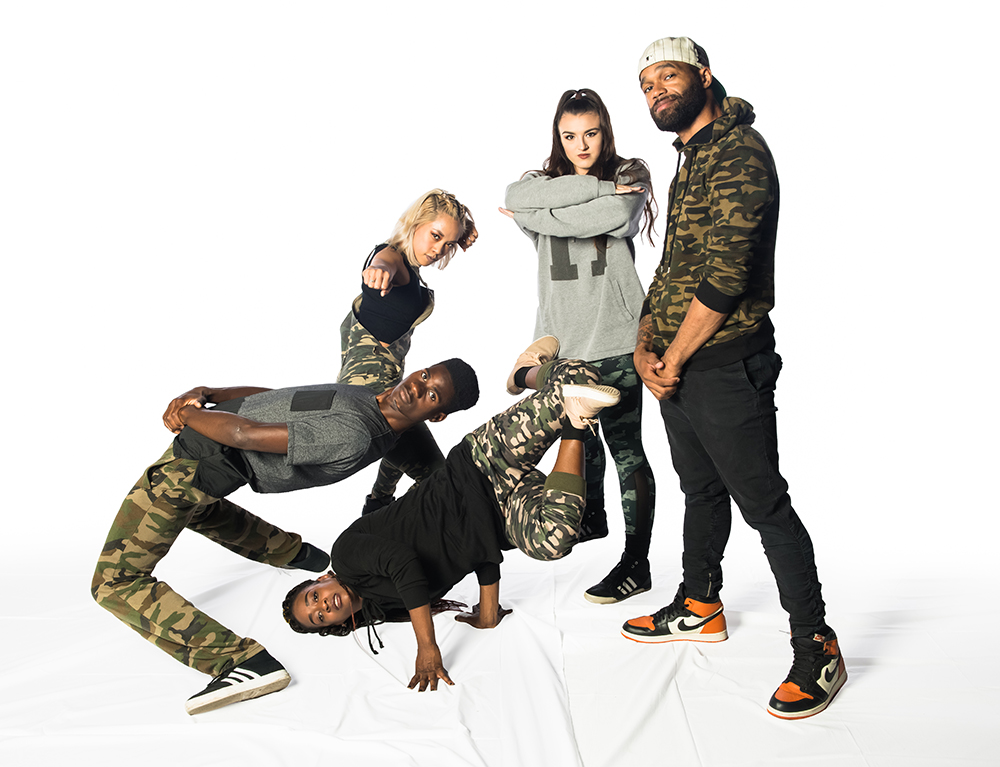 5 young dancers dressed in streetwear strike various hip-hop poses
