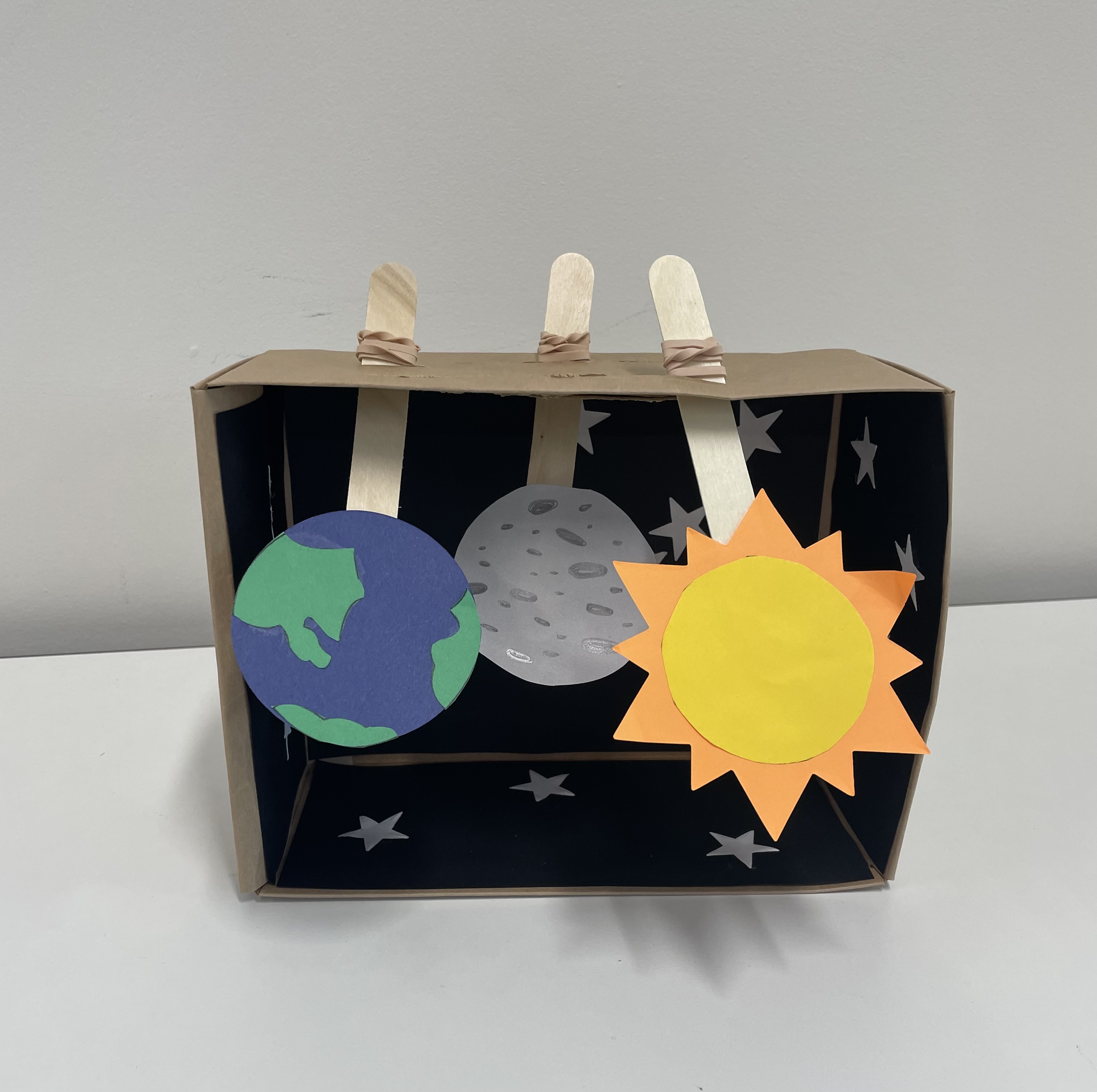 Shoebox with paper Sun, Moon & Earth