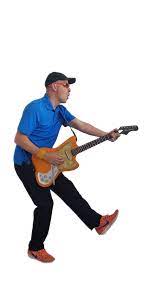 man in blue shirt and ball cap strumming a guitar