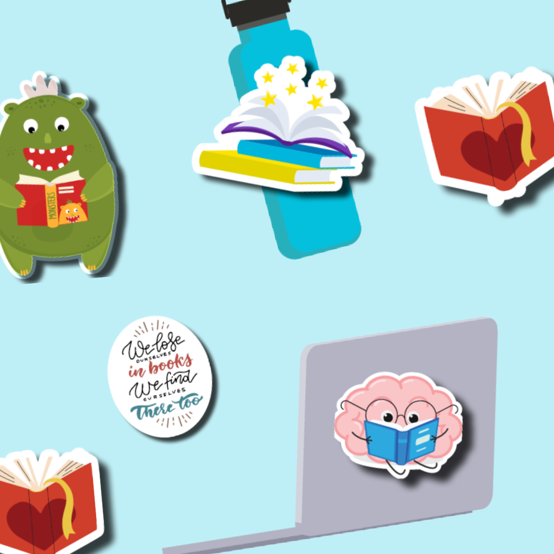 a variety of library-themed sticker designs