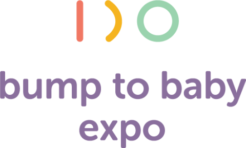 Bump to Baby Expo logo, one red vertical line, one orange semicircle, one green circle