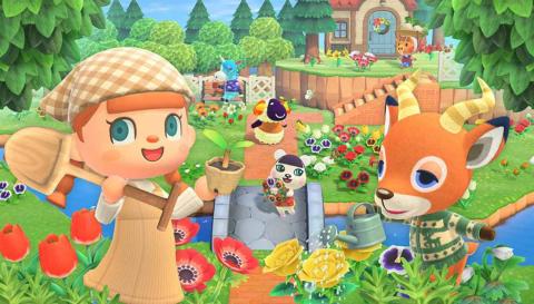 Human player and deer villager in foreground. Background shows river and villager house in Animal Crossing: New Horizons.