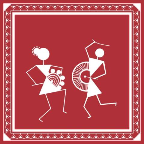 stick figure dancers on a red background