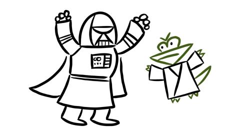 Cartoon drawing or a robot fighting a small green humanoid.