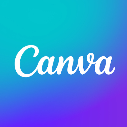 The Canva icon, with the name Canva written in white script on an ombre blue background that fades to dark