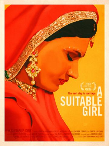 A film poster of A Suitable Girl. A yellow background featuring a young woman with dark hair in profile and wearing a red sari.