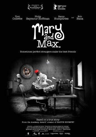 A black and white film poster for Mary and Max. A clay figure of a man sits in front of a computer, typing. 