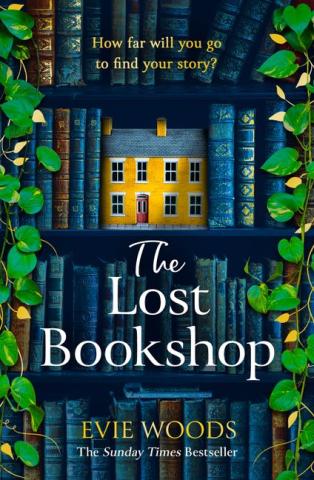 blue and green book cover for the Lost Bookshop depicting a close up of book spines on a shelf, with ivy on the edges, and a small yellow shop sandwich between books