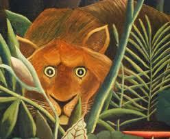 painting of tiger crouching in jungle plants