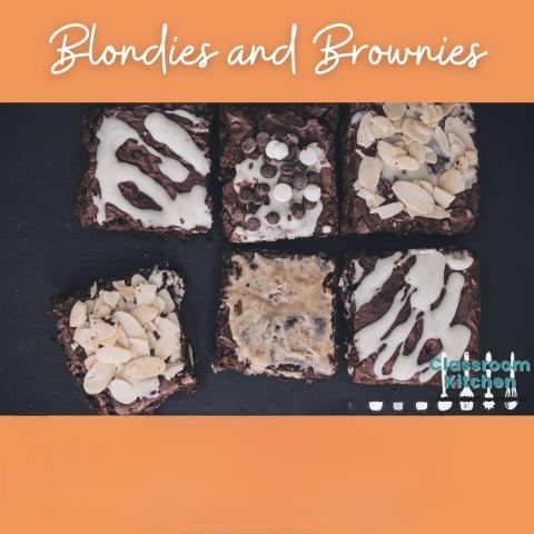 6 brownies and blondie cookie bars in 2 rows of 3 with frosting and decorations on top
