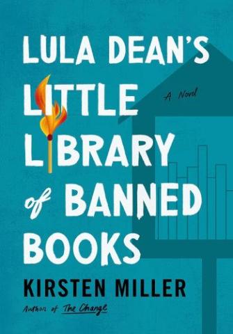 Teal bookcover with title written in white, silhouette of a "Little Free Library" structure behind the title words.