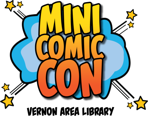 Yellow and orange Mini Comic Con logo on top of a blue back ground with yellow stars