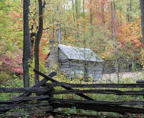 Cabin in the Smoky Mountains with fall colors