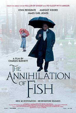 Film poster for The Annihilation of Fish. James Earl Jones walks in the foreground with a black umbrella. A woman with a red umbrella can be seen in the background.