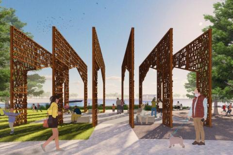 An artist’s rendering of the proposed DuSable Park pavilion on Lake Shore Drive