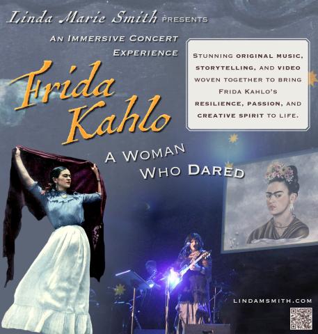 Image of singer Linda Marie Smith performing on a guitar, with images of Frida Kahlo in the foreground