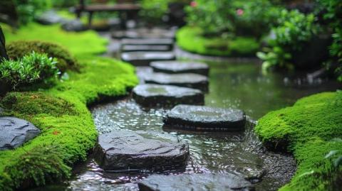 Stones in a brook, greenery on the sides