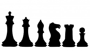 Black chess pieces on a white background.
