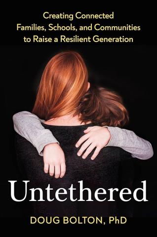 Cover image for "Untethered;" Back of a mother with a child putting their arms around her and resting their head on her shoulder
