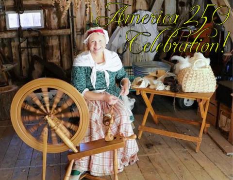 Abigail Adams seated at a spinning wheel