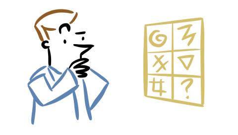 Cartoon drawing of a man studying a poster on a wall