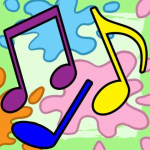 Bright colored musical notes on a splattered background