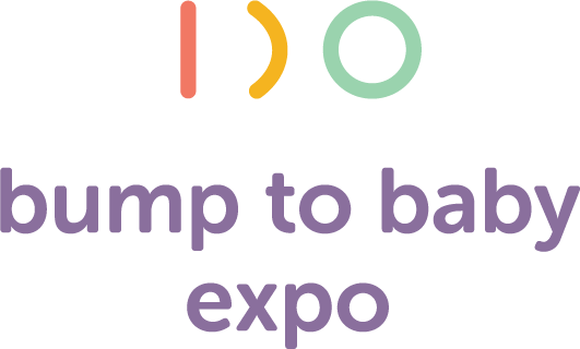 Bump to Baby Expo logo, one red vertical line, one orange semicircle, one green circle