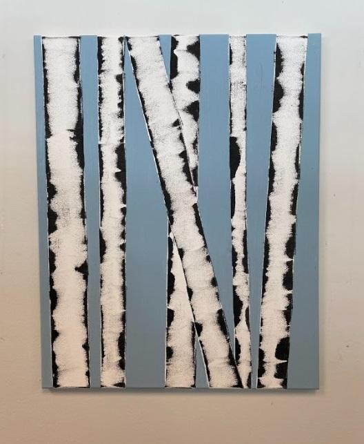 A canvas painting of white birch trees against a blue-gray sky