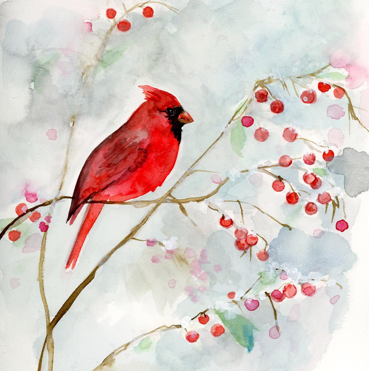 Watercolor painting of cardinal sitting on tree branch with red berries