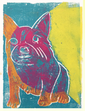 Purple & orange watercolor print of a bulldog with a blue and yellow background