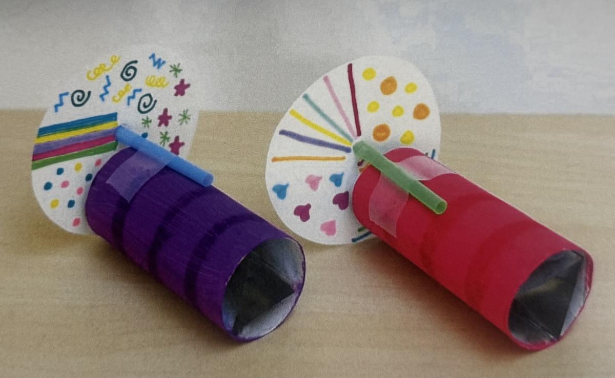 Kaleidoscopes made out of paper tube rolls, paper circle and straw