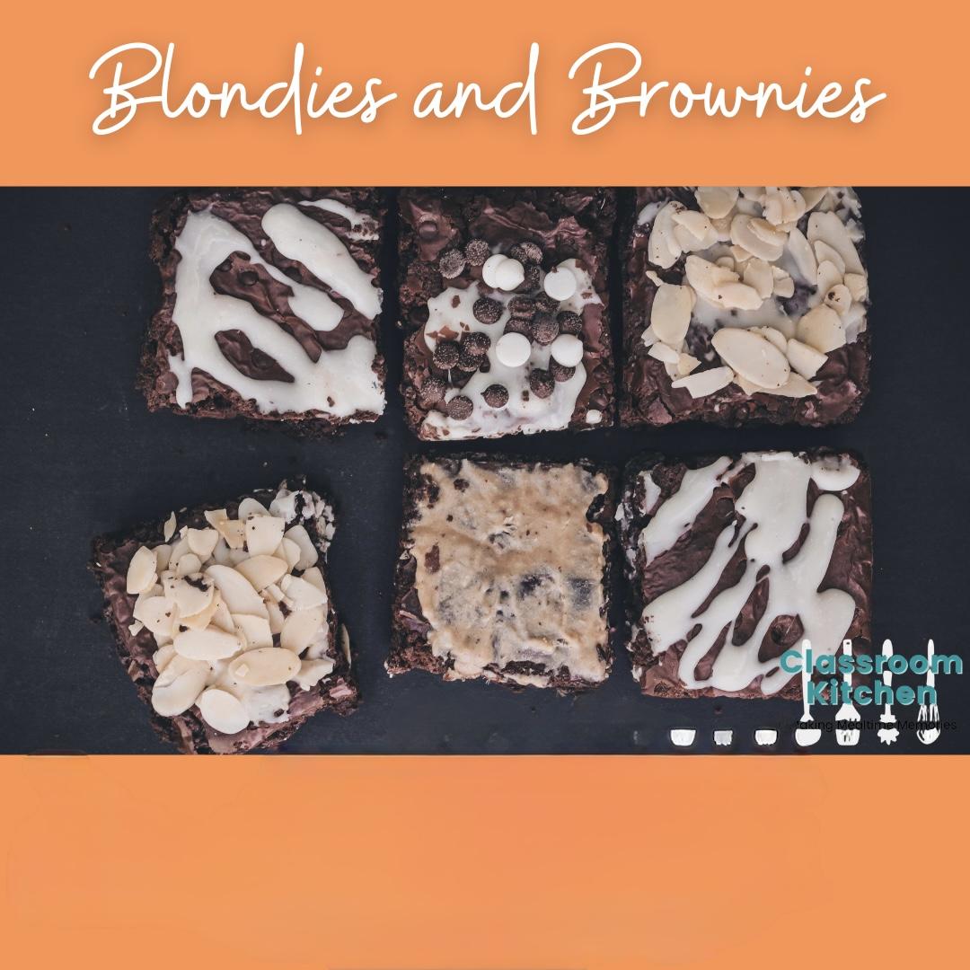6 brownies and blondie cookie bars in 2 rows of 3 with frosting and decorations on top