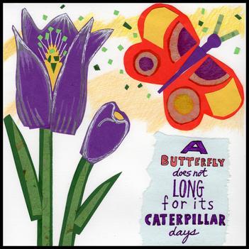 Paper collage of a purple tulip plant and a red, yellow and red butterfly